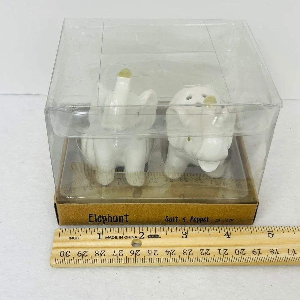 White Ceramic Elephant Salt and Pepper Shaker Set Gold Accents New in Box